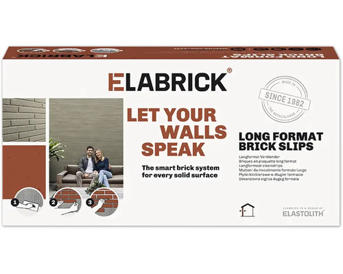 Emballage de plaquettes de parement Elabrick long format avec illustrations d application et un couple devant un mur revêtu de plaquettes.