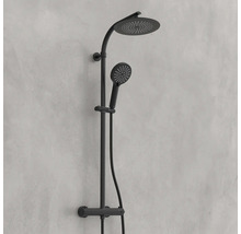 Système de douche avec pommeau de douche et douchette, montage mural, design moderne.