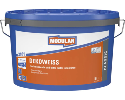 Peinture murale intérieure Modulan Dekoweiss 3101, peinture couvrante pour intérieur en seau de 5 litres avec finition mate.