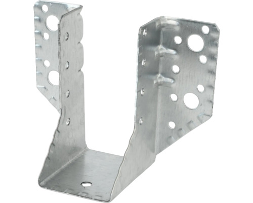 Sabot de charpente galvanisé pour structures en bois avec de nombreux trous de clouage pour une fixation stable des poutres en bois.