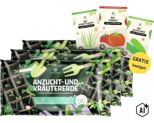 Terreau de semis et d herbes aromatiques en sac avec graines bio gratuites pour tomates, ciboulette et concombres. (Image AI modified or generated)