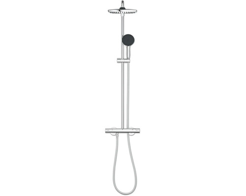 Système de douche Grohe avec mitigeur thermostatique, douche de tête et douchette à main pour montage mural dans la salle de bain.