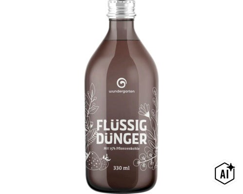 Wundergarten Flüssigdünger mit 15 Prozent Pflanzenkohle in einer 330 Milliliter Flasche. (Image AI modified or generated)