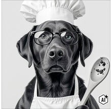 Hund mit Kochmütze, Brille und Schürze hält einen Holzlöffel (Image AI modified or generated)