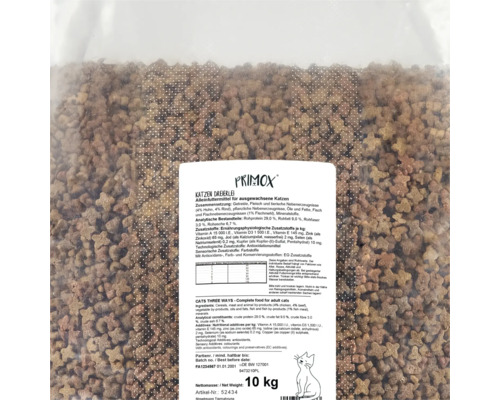 Primox Katzentrockenfutter Dreierlei zehn Kilogramm Verpackung mit Produktinformationen