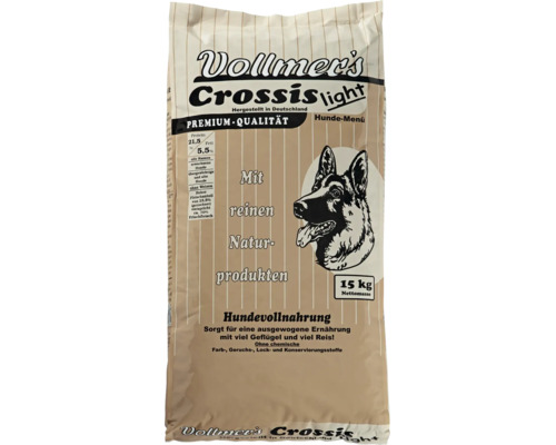 Vollmer's Crossis light Hundefutter, 15 Kilogramm Trockenfutter für erwachsene, übergewichtige und alte Hunde mit Geflügel und Reis.