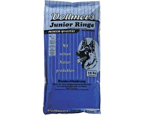 Vollmer's Junior Ringe Hundefutter für Welpen ab 3 Monaten, 15 Kilogramm Beutel.