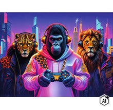 Wandbild mit Gorilla, Leopard und Löwe in moderner Kleidung mit Kopfhörern und Gaming Controller vor einer stilisierten nächtlichen Skyline. (Image AI modified or generated)