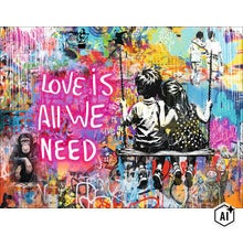 Wandbild mit Graffiti Motiv und dem Schriftzug Love is all we need, ideal als Wanddekoration für Wohnbereiche. (Image AI modified or generated)