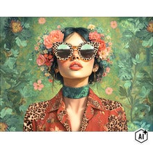 Wandbild mit Porträt einer Frau mit Leopardenmuster Sonnenbrille und Blumenschmuck im Haar vor floralem Hintergrund. (Image AI modified or generated)