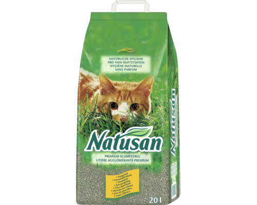 Litière agglomérante premium Natusan pour chats, absorbante et peu poussiéreuse, sac de 20 litres.