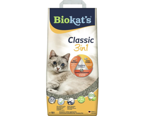 Litière agglomérante pour chats Biokat's Classic 3in1 en paquet de 10 litres avec formule hygiénique pour le contrôle des odeurs et agglomérats.