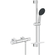 Grohe Duschsystem mit Thermostatarmatur, Handbrause und Brausestange mit integrierter Ablage.