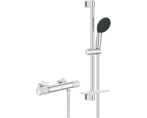 Grohe Duschsystem mit Thermostatarmatur, Handbrause und Brausestange mit integrierter Ablage.