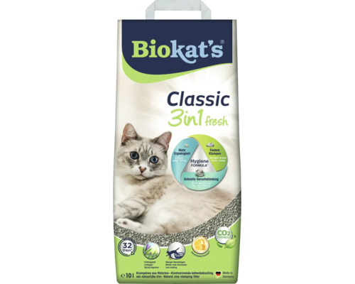 Litière pour chat Biokats Classic 3in1 fresh en argile naturelle agglomérante avec parfum printanier, paquet de 10 litres.