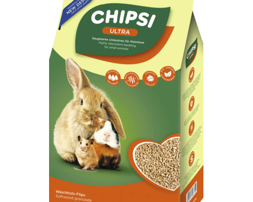 CHIPSI Ultra Weichholz Einstreu für Kleintiere, saugstark und geruchsbindend, Packung mit Holzgranulat.