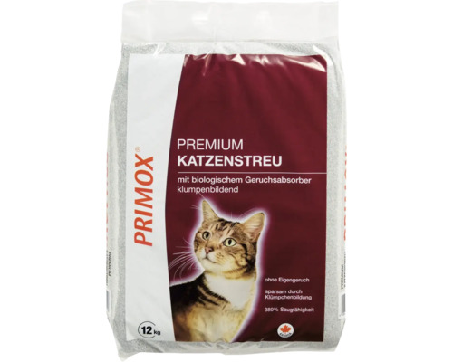 Litière pour chats Primox Premium agglomérante avec absorbeur d'odeurs biologique, sac de 12 kilogrammes.