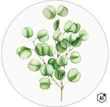 Aquarellillustration eines Eukalyptuszweigs mit runden Blättern in einem Kreis (Image AI modified or generated)