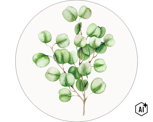 Aquarellillustration eines Eukalyptuszweigs mit runden Blättern in einem Kreis (Image AI modified or generated)