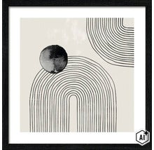 Gerahmtes Wandbild mit abstrakter Grafik, kreisförmigem Motiv und Bogenlinien im modernen Stil. (Image AI modified or generated)