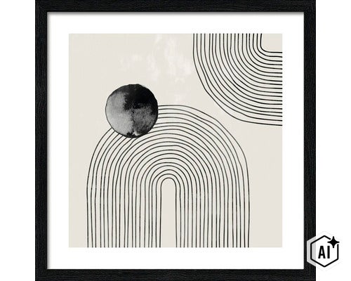 Gerahmtes Wandbild mit abstrakter Grafik, kreisförmigem Motiv und Bogenlinien im modernen Stil. (Image AI modified or generated)