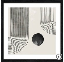 Wandbild mit abstraktem Motiv aus Linien und einem Kreis in einem schwarzen Rahmen. (Image AI modified or generated)