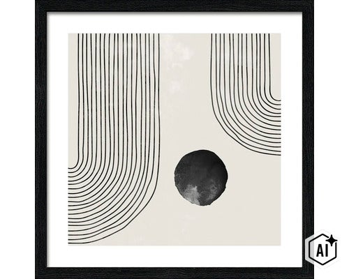 Wandbild mit abstraktem Motiv aus Linien und einem Kreis in einem schwarzen Rahmen. (Image AI modified or generated)