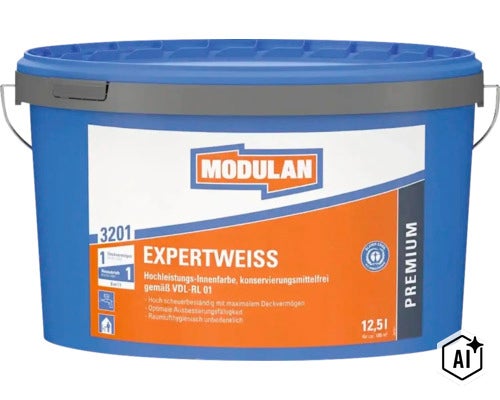Modulan Expertweiss Innenfarbe in einem 12,5 Liter Eimer zur Wandgestaltung mit hoher Deckkraft. (Image AI modified or generated)
