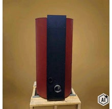 Un poêle à granulés ou poêle à bois rond avec une façade de commande verticale sur une palette en bois. (Image AI modified or generated)