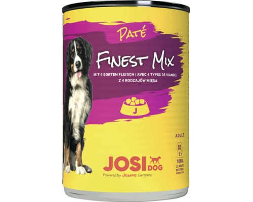 Dose Josera Josi Dog Finest Mix Pate Hundenassfutter mit vier Fleischsorten fuer erwachsene Hunde, klimaneutrale Produktion.