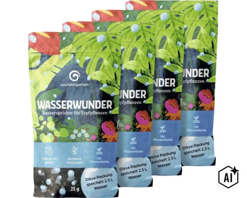 Wundergarten Wasserwunder réservoir d eau pour plantes en pot avec biochar en sachet de 25 grammes. (Image AI modified or generated)