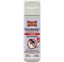 Ballistol Stichfrei Kids und Family Mückenschutz Lotion für Kinder und Erwachsene in einer Flasche mit Verschlusskappe.