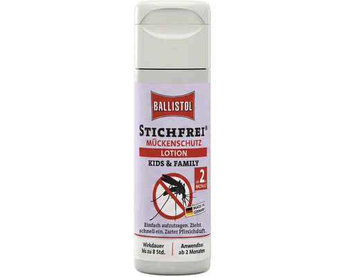 Lotion anti-moustiques Ballistol Stichfrei Kids et Family pour enfants et adultes dans un flacon avec bouchon.