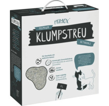 Litière agglomérante Primox Premium au charbon actif, 8 litres, pour plusieurs chats, peu poussiéreuse et anti-odeurs, avec poignée de transport.