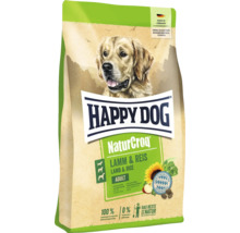 Nourriture pour chiens Happy Dog NaturCroq Agneau et Riz en sachet avec illustration de chien.