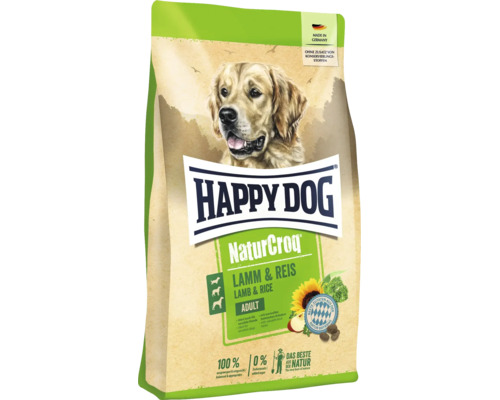 Aliment pour chiens Happy Dog NaturCroq agneau et riz en emballage avec illustration de chien