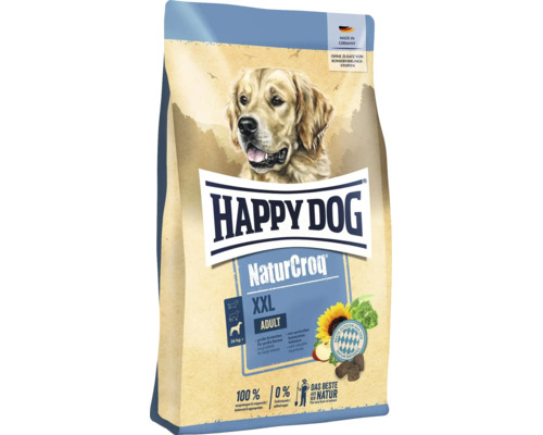 Happy Dog NaturCroq XXL Adult Hundefutter in der Standbeutelverpackung mit Abbildung eines Golden Retrievers.