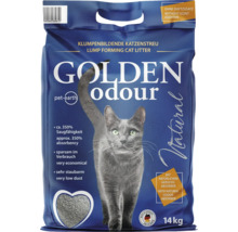 Litière pour chat agglomérante Golden Odour, 14 kilogrammes, avec absorbeur d'odeurs naturel, sans parfum ajouté, très peu poussiéreuse.