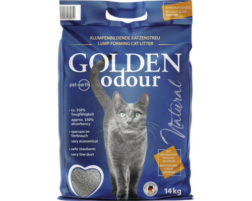 Litière pour chat agglomérante Golden Odour, 14 kilogrammes, avec absorbeur d'odeurs naturel, sans parfum ajouté, très peu poussiéreuse.