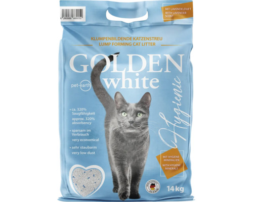 Litière pour chat agglomérante Golden White au parfum de lavande, sac de 14 kilogrammes.
