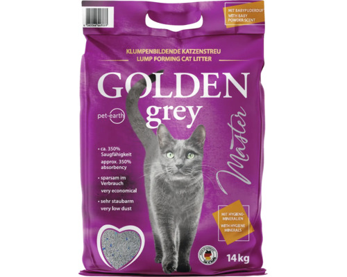 Litière pour chat agglomérante Golden Grey Master au parfum de poudre pour bébé, 14 kilogrammes