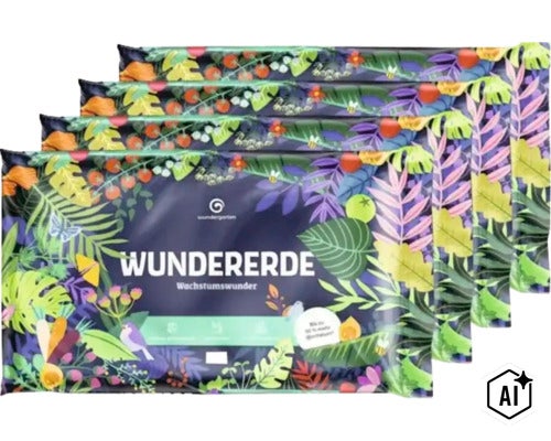 Quatre paquets de terreau Wündererde Wachstumswunder avec motif de plantes décoratif et logo Wundergarten. (Image AI modified or generated)
