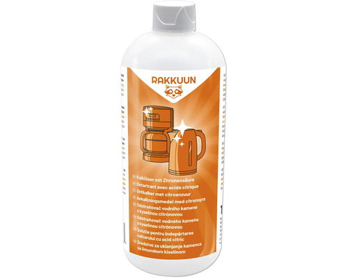Détartrant RAKKUUN à l'acide citrique dans un flacon en plastique pour le détartrage des cafetières et bouilloires.