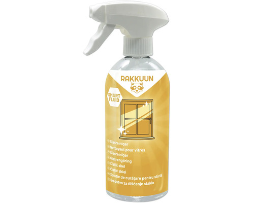 Nettoyant pour vitres Rakkuun dans un flacon pulvérisateur pour le nettoyage des surfaces vitrées.
