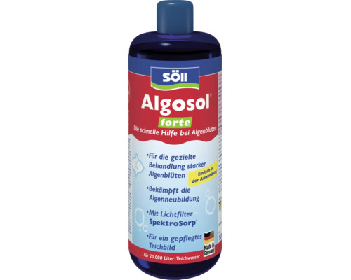 Anti-algues Söll Algosol forte pour étangs pour le traitement ciblé des fortes proliférations d algues, 1 litre pour 20.000 litres d eau.