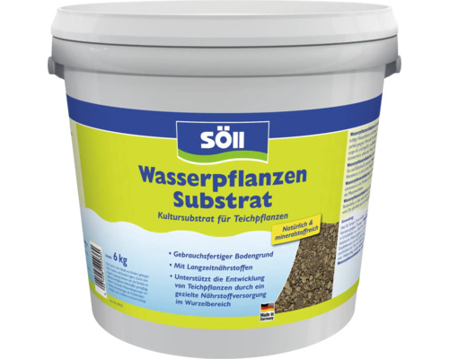 Un seau de substrat pour plantes aquatiques Söll de six kilogrammes comme substrat de culture pour plantes de bassin avec nutriments longue durée.