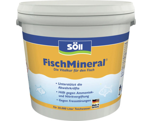 Seau de produit de soin pour étang Söll FischMineral pour renforcer les défenses immunitaires et traiter les intoxications, jusqu'à 50.000 litres.