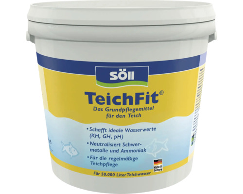 Produit d entretien de bassin Söll TeichFit pour stabiliser les valeurs de l eau pour 50.000 litres d eau de bassin en seau.