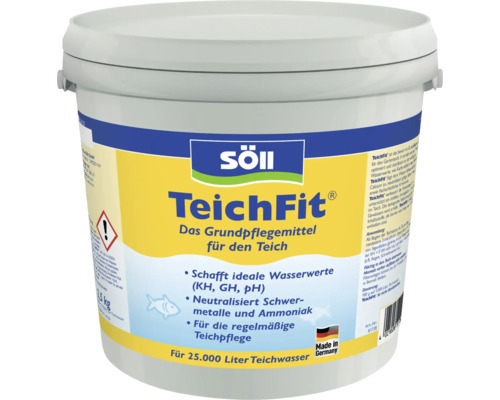 Produit d'entretien de base Söll TeichFit pour bassins afin de stabiliser les valeurs de l'eau, seau de 2,5 kilogrammes.