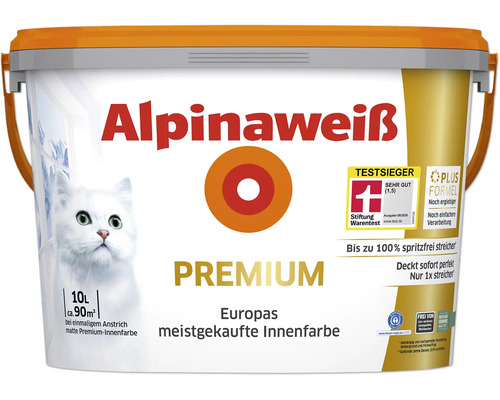 Alpinaweiss Premium Innenfarbe im 10 Liter Eimer fuer circa 90 Quadratmeter Flaechenabdeckung.